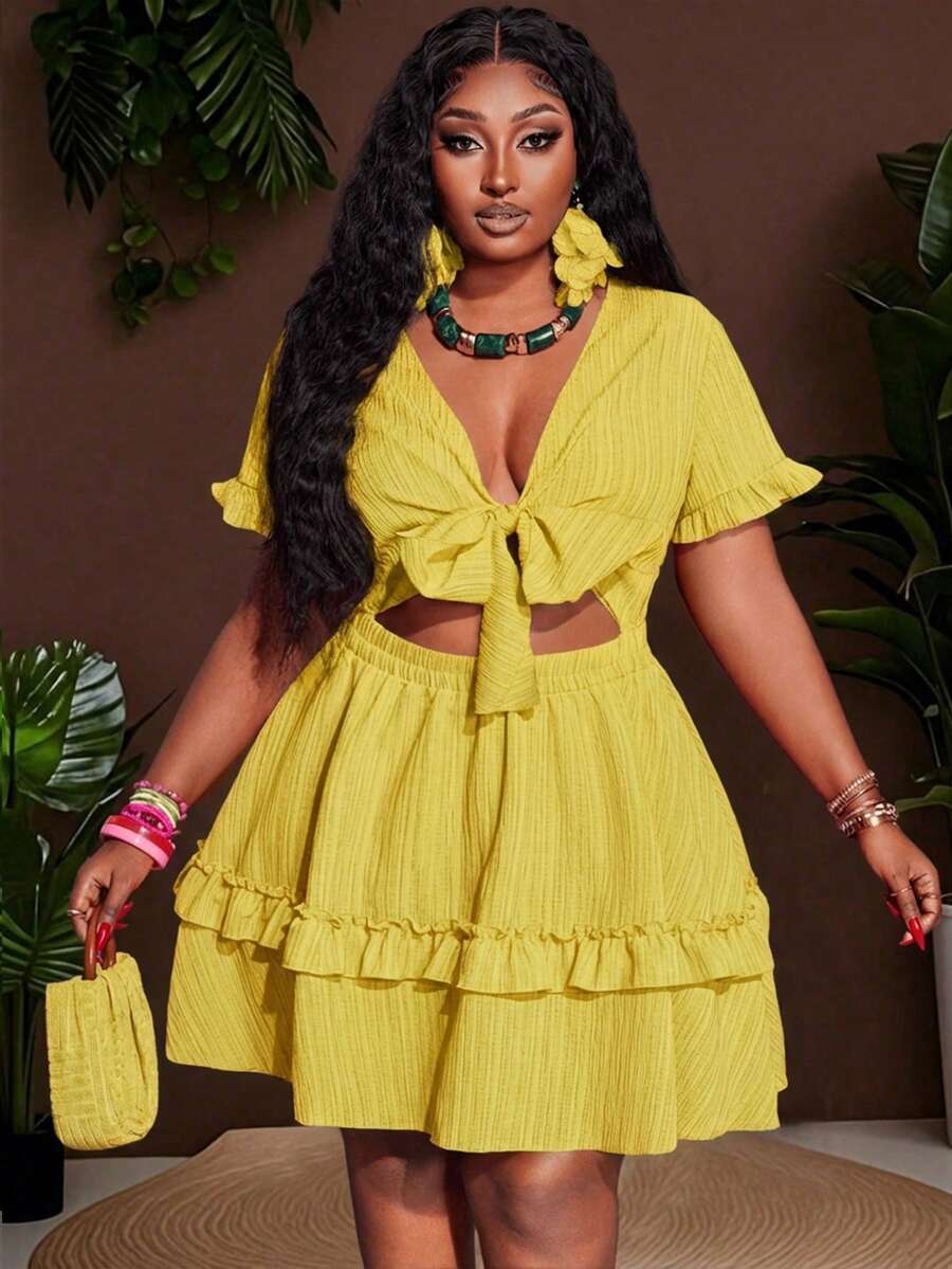 Slaydiva Plus Size Women's Mustard Yellow Summer Boho Vacation Holiday Fitted Ruffle Trim Chest Tie Front A-Line Mini Dress,Woven Textured Fabric