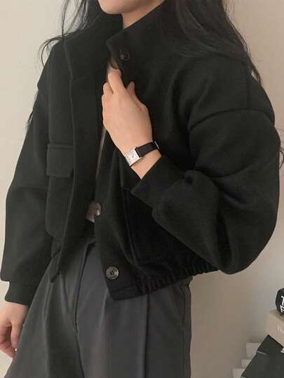 Chaqueta corta informal de cuello alto para mujer,Abrigo de mujer con cuello alto y bolsillos,Chaqueta oversize a la moda,adecuada para practicar deporte y para el uso diario informal, viajes, aeropuerto