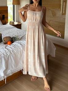 DAZY Plaid Ruched Waist Adjustable Strap Mid-Length Women Nightgown - Apricot - View 7