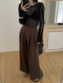 DAZY 女士优雅褶裥休闲裤，适合通勤，春季款 - 咖啡棕 - 查看 3