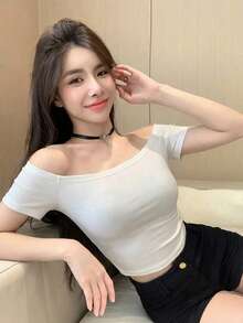 DAZY Áo thun nữ tay ngắn, màu trơn, kiểu dáng trễ vai, ôm sát, thích hợp cho mùa hè. - trắng - Xem 5