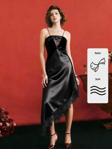 Poéselle Women's Lace Patchwork Asymmetrical Hem Sexy Date Party Mid-Length Slip Dress Valentine's Day,Date Night,New Year's Eve ,Party  Dress - Black - View 1