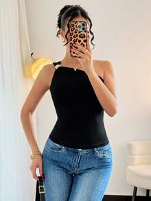 Franclia Women's Black Sexy Metallic Pleated Sleeveless Bodysuit One Shoulder Top Dress Top One Sleeve Top Black Top One Shoulder Blouse - Black - View 6