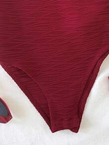 SHEIN Tween Girls' Casual Wavy Hem Jumpsuit, Comfortable & Minimalist Red Bathing Suit Ruffle Ruffle One Piece Red Swimsuit - Red - View 5