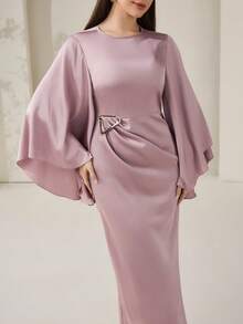 Veilorie Đầm dài ôm dáng, thanh lịch, tối giản, sang trọng dành cho nữ, thích hợp dự tiệc, dạ hội, với tay áo loe và điểm nhấn kim loại. - Hồng - Xem 1
