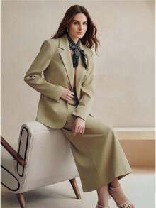 Anewsta Women's Fashion Business Suit Set, Includes Waist-Cinched Blazer And Slit Hem Skirt, Autumn - Green - View 1
