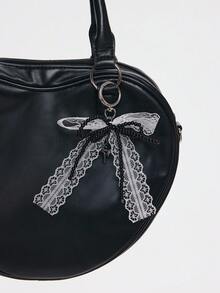 ROMWE Kawaii 1 Acessório Personalizado Estilo Gótico Casual Retrô Y2k, Feito à Mão com Contas Pretas de Resina Redonda, Renda Branca Multicamadas, Laço, Strass Líquido Cercando Pingente de Amor, Anel Simples, Chaveiro, Adequado para Uso Diário de Meninas e Mulheres, Presente de Feriado - Preto e Branco-21 - Visão 3