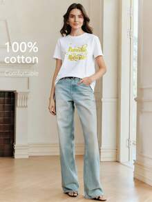 Anewsta Women's Summer Fashion Vacation Beach Festival Casual Versatile Black Short Sleeve Carnival Pattern T-Shirt - White - View 6