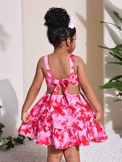 Vestido casual con lazo en la espalda con estampado floral tropical, versátil para hermanas a juego, paseos, campamentos, fotos familiares, fiestas y uso diario casual