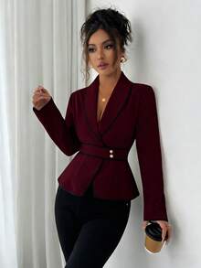 Rafferiza Áo sơ mi nữ tay dài cổ shawl phối viền tương phản, dáng ôm, dành cho mùa thu. - Màu Đỏ Sâu - Xem 6