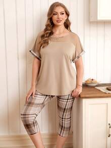 Rosumi Bộ đồ mùa hè cỡ lớn gồm áo thun phối lưới và quần legging kẻ caro, 2 món. - Nhiều màu - Xem 5