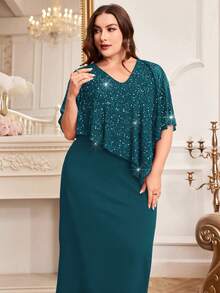 Modelyn 大码银箔拼接披肩连衣裙 女士长款晚礼服 - 水鴨藍 - 查看 3