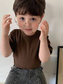 Hapijoa 男童休闲纯色圆领短袖上衣，夏季 - 咖啡棕 - 查看 7
