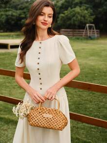 Vintamour 复古经典优雅印花修身船领纽扣连衣裙，带大口袋，杏色短袖喇叭裙 - 杏色 - 查看 3