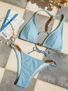 Swim Vcay Women's Elegant Halter Neck Backless Tie Waist Pearl Decor Swimwear Set - Blue - View 5