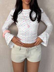 SHEIN Unity Camiseta de manga larga con volantes y estampado de lunares a la moda - Blanco - Ver 6
