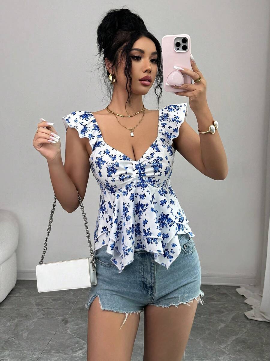 Rafferiza 女士时尚优雅小碎花印花短袖不对称下摆度假T恤，春秋季 - 藍色 - 查看 1