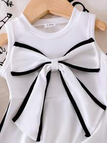 Infant/Toddler Girls' Knitted Crew Neck Sleeveless Big Bowknot Ivory Dress, Summer White Fashion Elegant Soft Little Dress - White - View 6