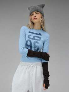 COUREZ Long Sleeve Jersey Top With Front Graphic Print /Y2K Long Sleeve Tops Going Out Tops Women Tops Winter Clothes For Women Blue Top Graphic Tees Women Cute Tops Summer Tops Summer Outfits - Baby Blue - View 6