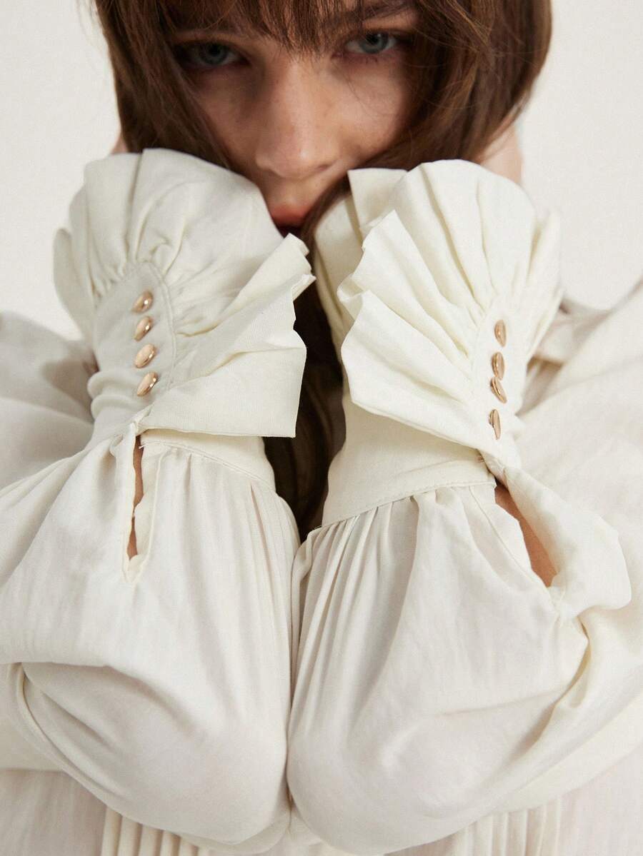 Frievida Áo sơ mi dài tay kiểu Pháp cổ điển, cổ xếp ly, trang trí cúc, dáng thường ngày. - trắng - Xem 1