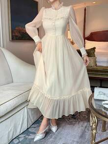 DAZY 女士优雅蕾丝拼接立领泡泡袖连衣裙，秋季婚礼宾客礼服/吊带裙 - 米色 - 查看 4