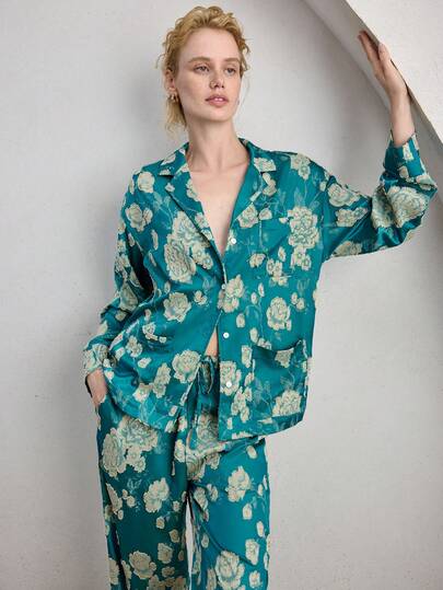 Ocili 2pcs Bohemian Satin Jacquard Minimalist Lapel Cami Top And Lace Trim Lounge Pants Sleepwear Set For Women