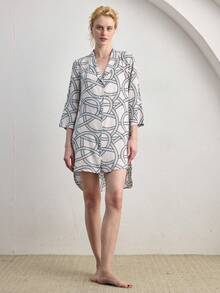 Ocili Women's Comfortable Cotton Wavy Minimalist Abstract Geometric Striped Sleeveless Nightgown - Black and White - View 7