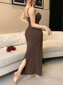 Plaid Camisole Cinched Waist Long Women's Nightgown, Summer - Brown - View 2