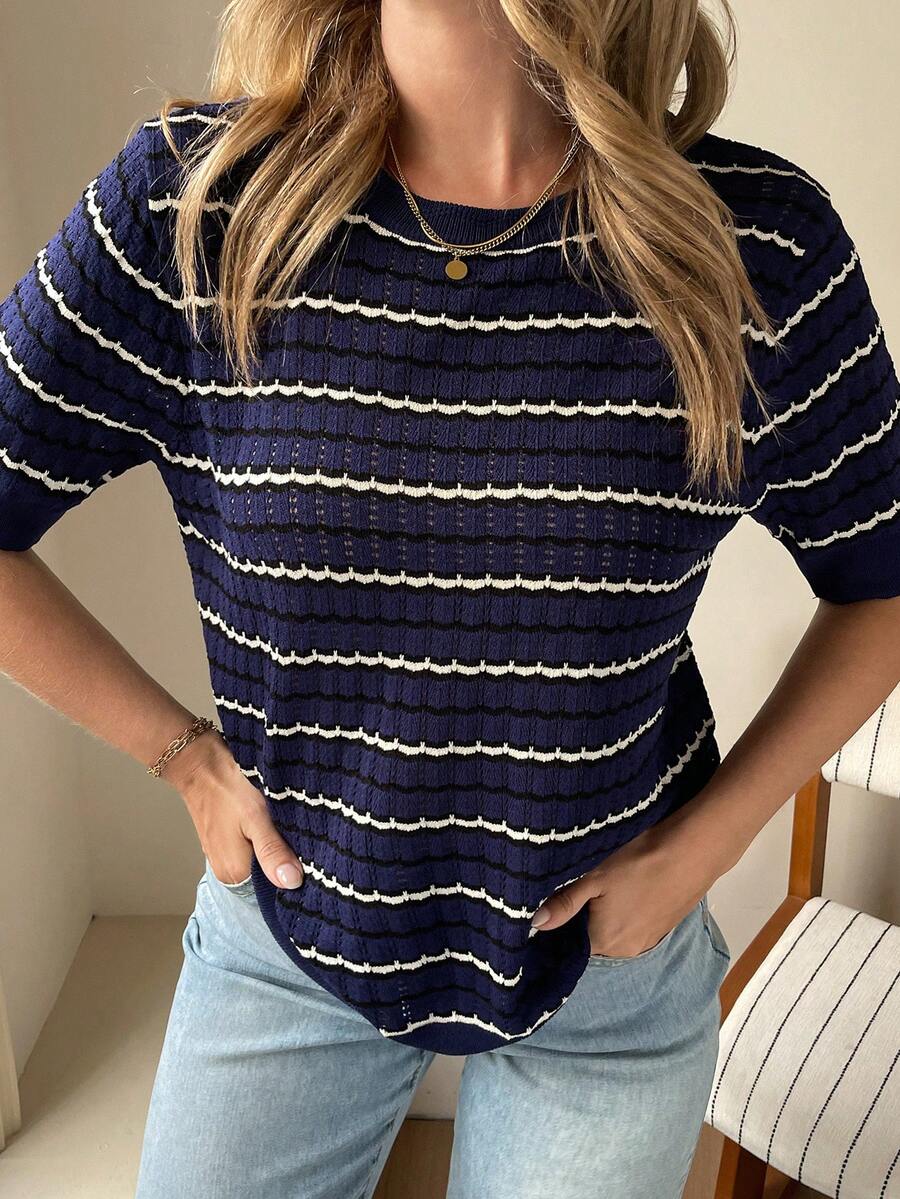 Livesso Women's Striped Hollow-Out Short Sleeve Knit Top - Navy Blue - View 1