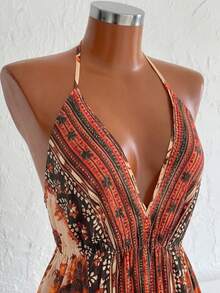 Sweetra Vacation Style Printed Minimalist Beach Slip Dress - Orange - View 3