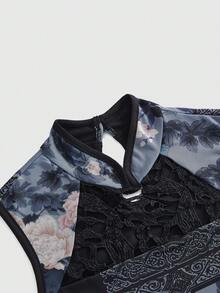 ROMWE Avant Retro New Chinese Style Garden Window Flower Design Floral Print Mandarin Collar Women Tank Top - Blue - View 9