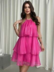 Firerie 优雅浪漫的露背层叠下摆白色欧根纱吊带泡泡袖连衣裙，适合情人节穿着 - 玫紅色 - 查看 4