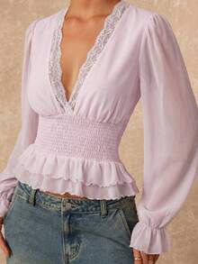 Lumalex 蕾丝边饰松紧腰带柔软网纱泡泡袖荷叶边下摆女式衬衫 - 淺粉色 - 查看 4