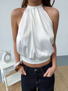 Aloruh 新款春夏露背吊带缎面吊带背心，白色，适合约会、婚礼、休闲穿着 - 白色 - 查看 3