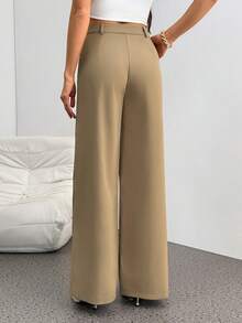 SHEIN Tall Quần ống rộng cạp cao màu trơn, kiểu dáng thường ngày, đa năng, phù hợp cho người cao, phong cách thu đông. - Màu Khaki - Xem 2