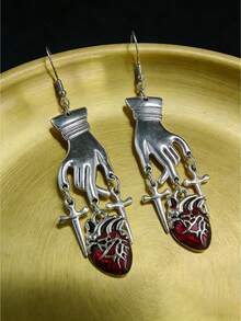 Joivida 1对哥特式泪滴耳环，镀合金材质，红色水晶十字架设计，垂坠式耳环，适合低过敏性朋克摇滚音乐会派对之夜装扮，哥特吸血鬼风格 - 紅色 - 查看 2