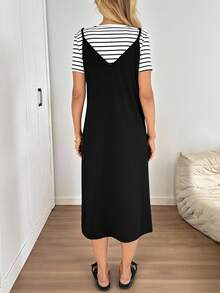 SHEIN LUNE Women 2pcs/Set Casual Striped Camisole & Mid-Length Dress, Spring/Summer Daily Basic Set - Black and White - View 2