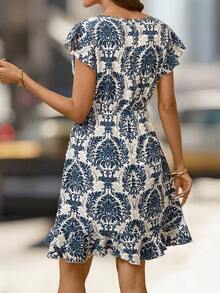 SHEIN Clasi Vestido corto casual de mujer con cuello redondo, mangas con volantes y estampado de plantas - Multicolor - Ver 4