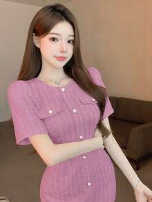 DAZY Váy hè tay bồng thanh lịch cho nữ họa tiết kẻ caro - Hồng - Xem 4