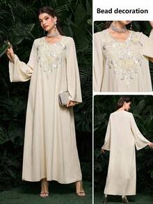 Al Najma 优雅刺绣领长袖杏色女士开衫 - 杏色 - 查看 1