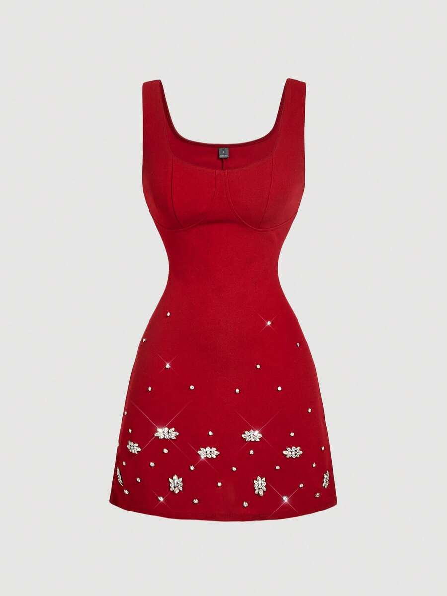 SHEIN MOD 镶钻优雅红色迷你连衣裙 - 酒紅色 - 查看 1