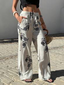 EURMUSE Women Linen Fabric And Printed Detailed Wide Leg Pants Fake Linen - Beige - View 5