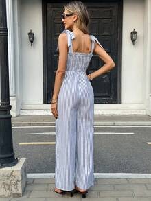 Pariaura French Style Tie-Up Striped Women Jumpsuit - Blue and White - View 3