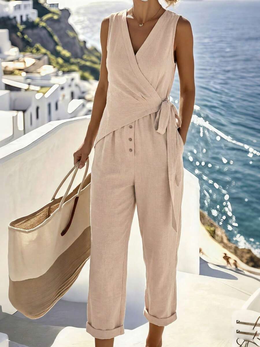 SHEIN Holidaya Bộ áo liền quần không tay buộc dây bằng vải lanh thoải mái, thích hợp cho nữ, kiểu dáng thường ngày đi nghỉ mát, mùa xuân/hè. - Màu be - Xem 1