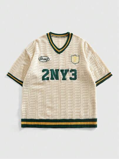 ROMWE MEN Men's Embroidered Knit Sweater, Retro Sporty V-Neck Contrast Color Loose Knit T-Shirt