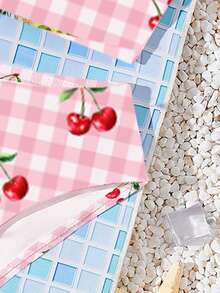 SHEIN 青少年女孩休闲简约樱桃格纹吊带背心和三角比基尼泳装套装，适合夏季 - 彩色 - 查看 2