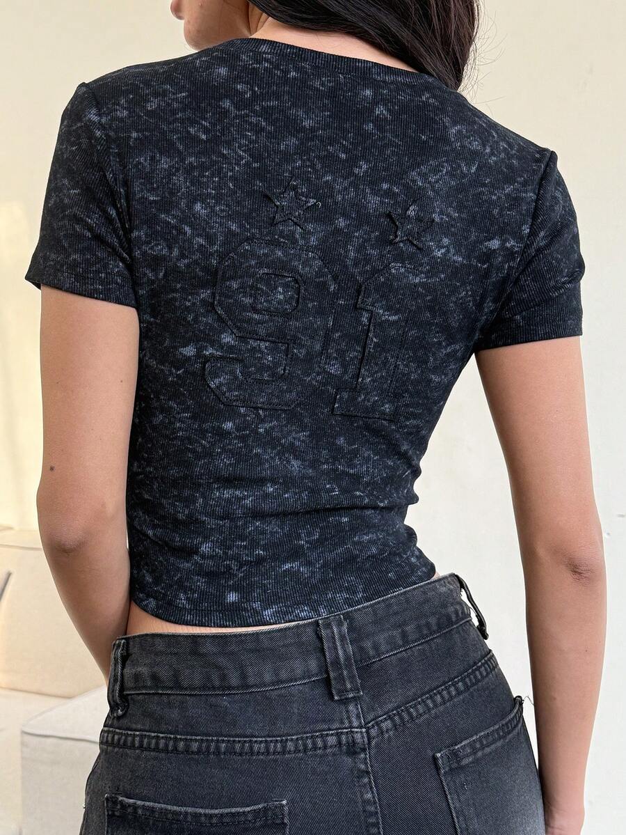 DAZY Women's Washed Embroidered Ruched Fitted Short Sleeve Stretch Denim Top - Grey - View 1