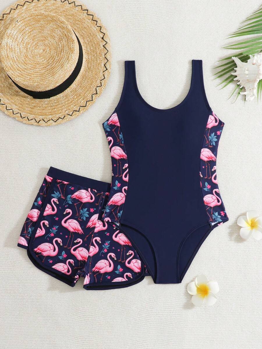 SHEIN 少女泳衣/连体泳衣/印花泳衣/两件套 - 藏蓝色 - 查看 1