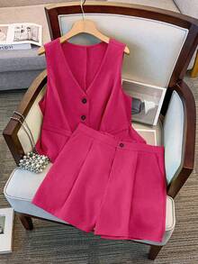 Rometta Plus Size Solid Color Tank Top And Shorts 2 Pieces Set - Hot Pink - View 1