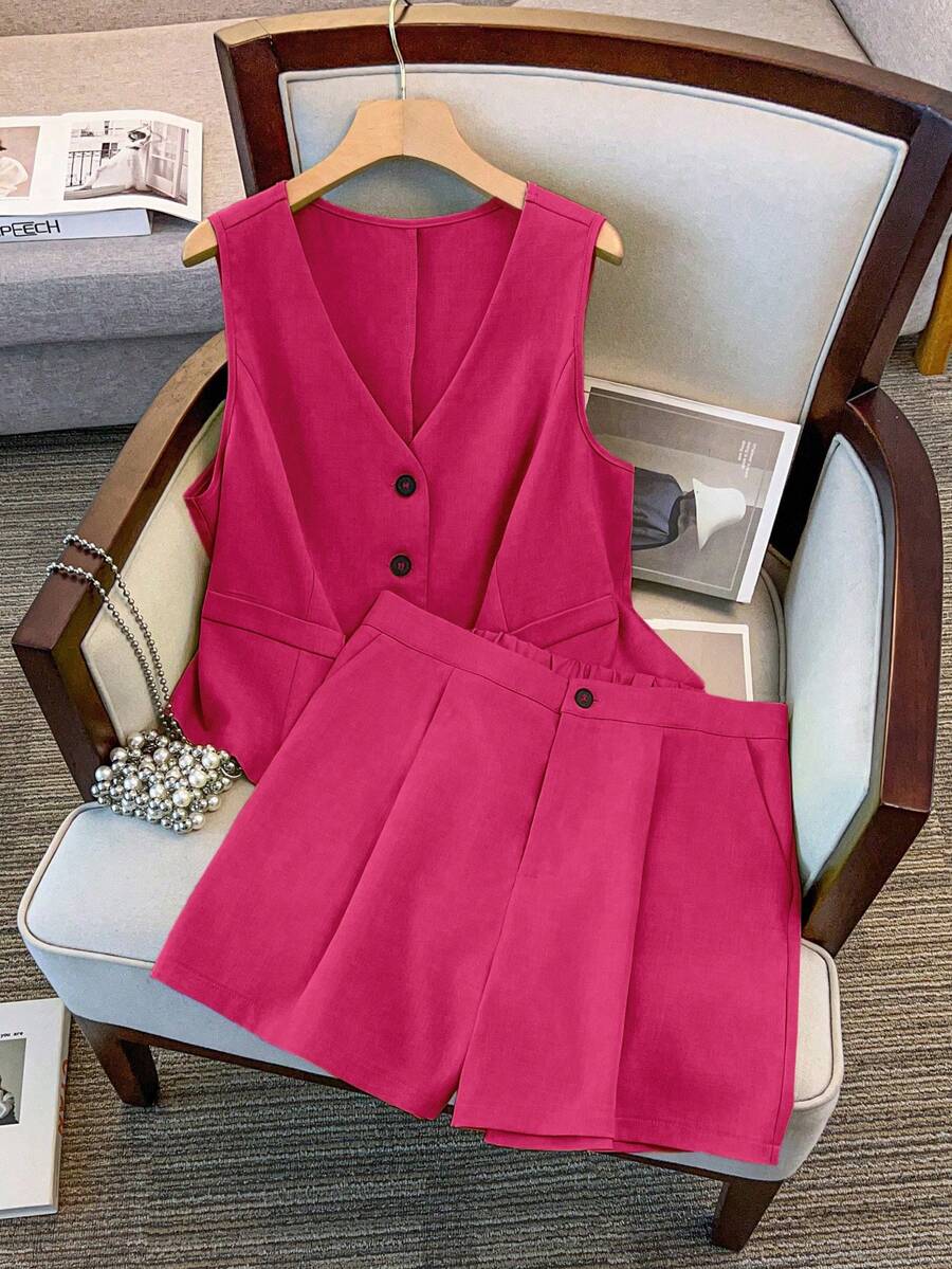 Rometta Plus Size Solid Color Tank Top And Shorts 2 Pieces Set - Hot Pink - View 1